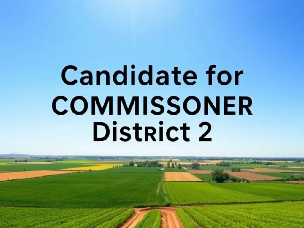 The words candidate for commissioner district 2 on a blue sky above green farm land